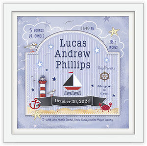 personalized sailboat and seashore baby birth art name date of birth weight time lighthouse sky stars
