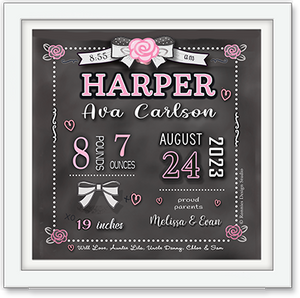 Chalkboard Baby Girl Birth Art - Pink Roses and bows