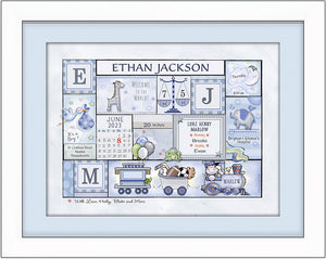 "Welcome to the World" Birth Announcement Art - Soft Blue & Grey - Matted in Soft Blue