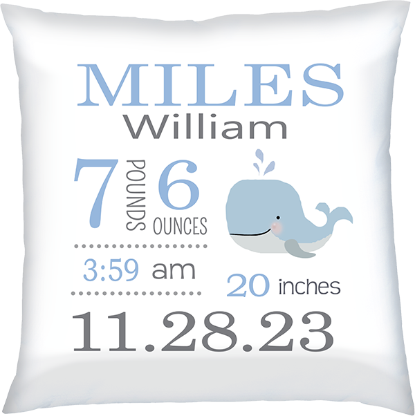 Birth Announcement Pillow Baby Boy Whale Light Blue Grey by Ronnies Design Studio