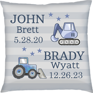 Birth Announcement Pillow- Brothers Who Love Construction Trucks