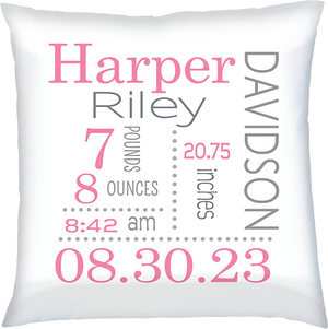 Birth Announcement Pillow- Baby Girl Birth Stats Pink & Grey by Ronnies Design Studio