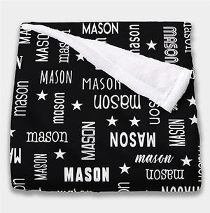 "All Names" Minky Baby Blanket with Stars - Black with White Names