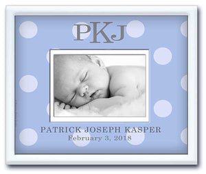 birth announcement picture frame - newborn baby boy nursery gift- birth stats - light blue big dots 