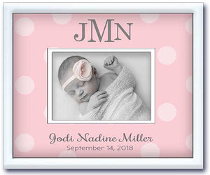 birth announcement picture frame - newborn baby girl nursery gift- pink big dots - birth stats
