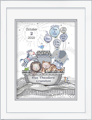 Personalized Noah's birth announcement wall art grey soft blue