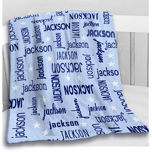 "All Names" Minky Baby Blanket with Stars- Light Blue with Navy Names