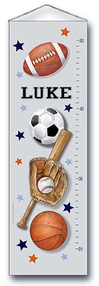 Personalized Sports Growth Chart with Football, Baseball, Basketball, Soccer - Baby boy nursery gift