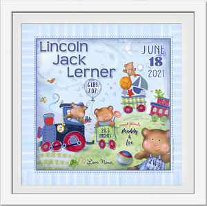baby bears wall art birth details custom gift with train and toys