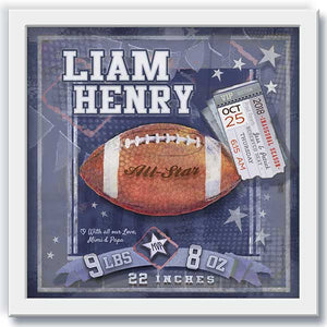 Personalized Football Framed Wall Art gift with baby birth statistics & ticket white frame