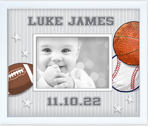 Personalized Picture Frame  with Baseball, Footablla, Soccer with optional date of birth added
