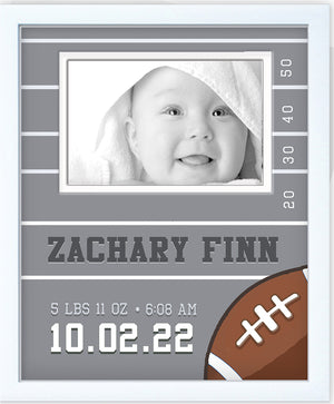 Newborn boy picture frame football field personalized with name, date of birth, weight and time