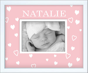 Personalized Newborn Picture Frame with Floating Hearts on Pink and date of birth