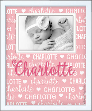Names all around personalized picture frame pink with hearts girl
