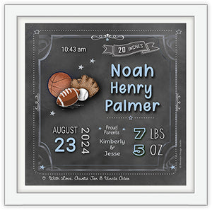 Personalized newborm framed chalkboard art with baby boy's birth details and sports football baseball and basketball
