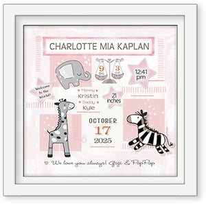 framed baby girl wall art personalized name custom playful animals pink birth details  elephant zebra giraffe 