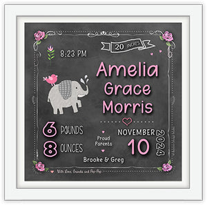 Personalized newborn nursery art chalkboard with roses baby elephant  and birth details