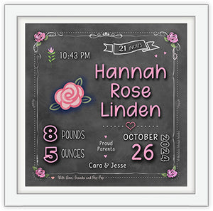 personalized custom nursey art with roses  birth details and  pink floral accents