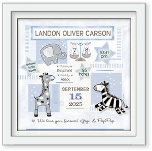 custom personalized framed  baby wall art cute animals zebra, elephant, giraffe newborn birth details and inscription