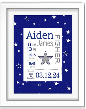 Baby Birth Stats Wall Art - Starry Sky Navy with Striped Star