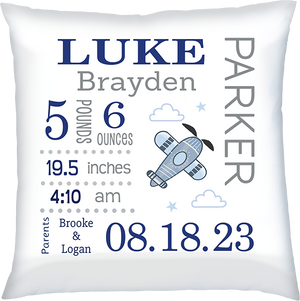 Birth Announcement Pillow- Baby Boy Airplane - Light Blue & Grey