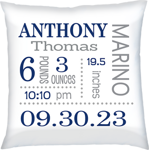 Birth Announcement Pillow- Baby Boy Birth Stats - White Pillow with Navy & Grey Details