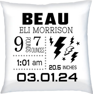 Trendy personalized baby birth announcement pillow with lightning bolts black and white