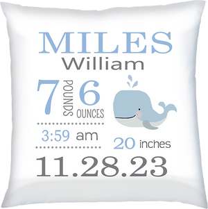 Birth Announcement Pillow- Baby Boy Whale - Light Blue & Grey -by Ronnies Design Studio