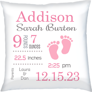 Birth Announcement Pillow- Baby Feet Pink & Grey by Ronnies Design Studio