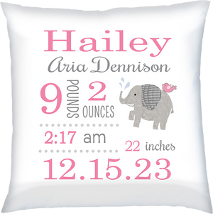 Birth Announcement Pillow- Elephant Pink & Grey by Ronnies Design Studio