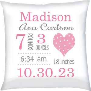 Birth Announcement Pillow- Pink Heart by Ronnies Design Studio