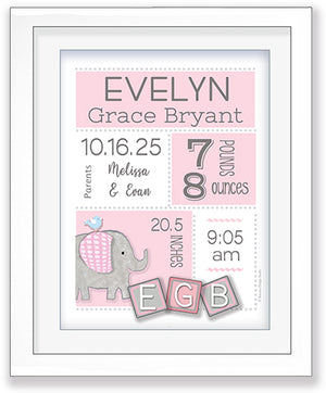 Baby Birth Stats Wall Art - Cute Elephant with Pink Alphabet Blocks