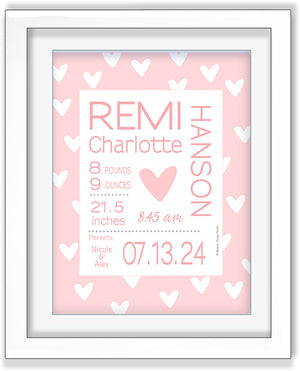 Pinted pink heart framed wall art with baby girl's birth details and painted heart pink and white border