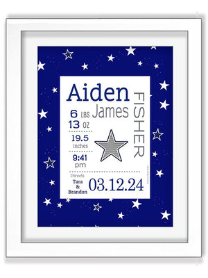 framed nursery art make to order personalized birth details starry sky navy stars