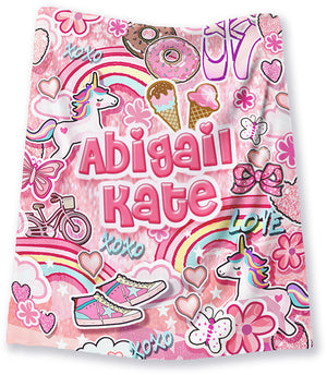 Personalized toddler graffiti fun blanket  unicorns rainbows ice cream hearts flowers donuts pink hugs kisses