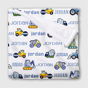 "All Names" Minky Baby Blanket with Construction Trucks