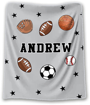 Personalized baby boy toddler boy name blanket sports with football, baseball soccer basketball and playful stars on grey background