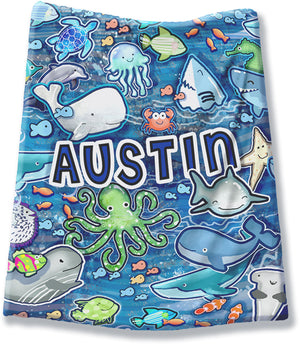 personalized minky name blanket for toddlerr and tween with cute sea creatures sharks, whales, fish, octopus