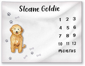 Cute baby milestone photo blanket with happy golden doodle dog personalized with baby's first and middle names