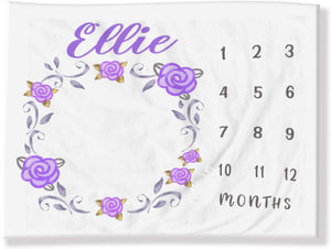 personalized milestone baby photo blanket with a lilac roses wreath and delicate grey leaves 