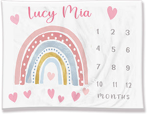 newborn milestone photo blanket with rainbow pink and pastels and hearts