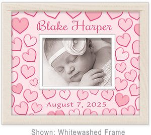 Personalized newborn baby photo frame with stylish pink hearts and baby's name and birthdate