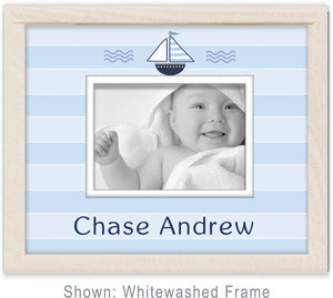 Personalized Newborn Picture Frame - Sailboat and Lt Blue Stripes