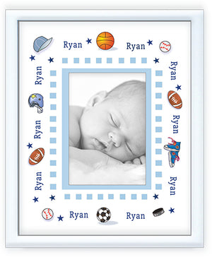 Custom newborn personalized picture frame sports with baseball, basketball, hockey, soccer, football for baby boy