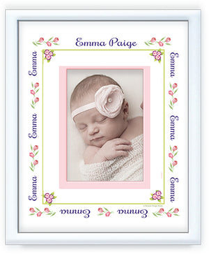 Custom personalized baby girl photo picture frame beautiful pink rosebuds and girl's name surrounding photo