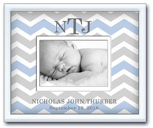 birth announcement picture frame - newborn baby boy nursery gift- light blue & grey chevron - birth stats