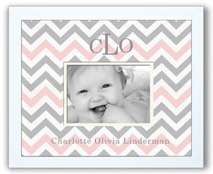 birth announcement picture frame - newborn baby girl nursery gift- pink-grey chevron -birth stats