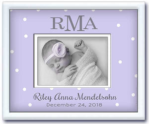 birth announcement picture frame - newborn baby girl nursery gift- lilac dottie-birth stats