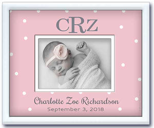 birth announcement picture frame - newborn baby girl nursery gift- pink dottie-birth stats