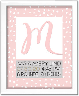 Big Initial Birth Art by Ronnies Design Studio- Pink & White Painted Dots